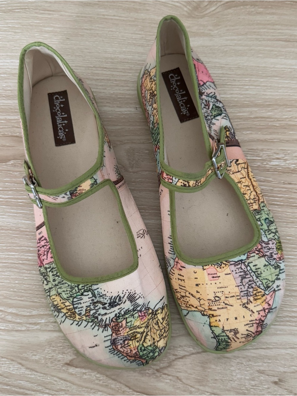 Hot Chocolate Design 40 US 9 Mary Jane Flats Bon Voyage Global Map Kidcore